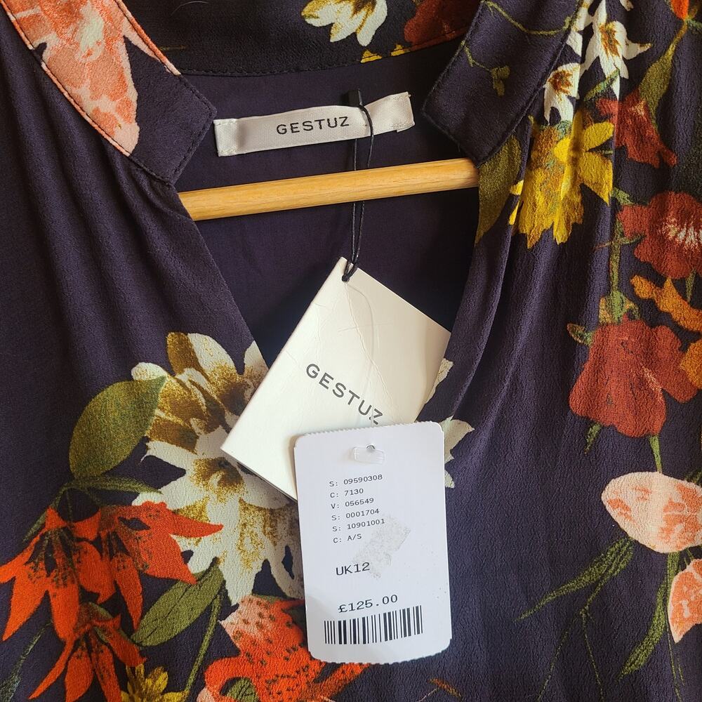 Gestuz Anthropologie Dress Cally Floral NWT Black Long Sleeve 10 Vneck Boho Prep - Picture 3 of 8
